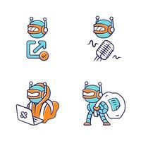 Bot types color icons set. Hacker, backlink checker, scraper bots. Malicious robot. Artificial intelligence, AI. Voice recognition. Web optimization. Computer virus. Isolated vector illustrations