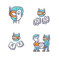 Software bot color icons set. Socialbot, transactional, impersonator robots. Software program. Network communication. Artificial intelligence. Cyborgs, futuristic AI. Isolated vector illustrations