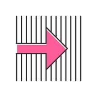 Pink arrow on striped backdrop color icon. Arrow pointing to right direction. Motion. Navigation pointer, indicator symbol. Direction move. Pointing sign. Isolated vector illustration