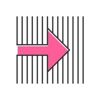 Pink arrow on striped backdrop color icon. Arrow pointing to right direction. Motion. Navigation pointer, indicator symbol. Direction move. Pointing sign. Isolated vector illustration