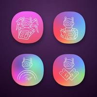 Internet bots app icons set. Crawler, text-reading, optimizer, scalper robot. Artificial intelligence. AI. Software app. UI UX user interface. Web or mobile applications. Vector isolated illustrations