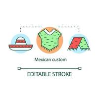 Mexican custom concept icon. National apparel from Mexico. Sombrero, serape, poncho. Traditional macho clothes idea thin line illustration. Vector isolated outline drawing. Editable stroke