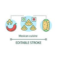 Mexican cuisine concept icon. South American traditional food. Hot pepper, nachos, burrito. Spicy tortilla fastfood idea thin line illustration. Vector isolated outline drawing. Editable stroke