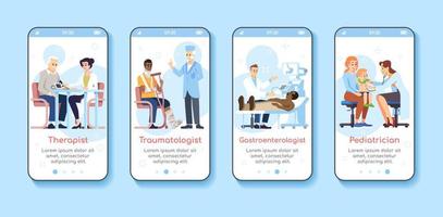 Medicine and healthcare service onboarding mobile app screen template. Therapist, traumatologist, pediatrician. Walkthrough website steps with flat characters. UX, UI, GUI smartphone cartoon interface vector