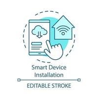 icono del concepto de instalación de dispositivos inteligentes. servicio a domicilio para dispositivos electrónicos idea ilustración de línea delgada. sistema de domótica. dibujo vectorial aislado. controlador de casa inteligente. trazo editable vector