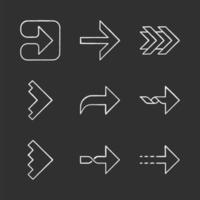 Right arrows chalk icons set. Forward, curved, dotted, twisted next, forward arrows. Marker, indicator. Motion. Movement sign. Arrowhead indicating rightward. Isolated vector chalkboard illustrations