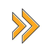 Double orange arrow color icon. Rewinding button. Navigation pointer, indicator symbol. Next, forward arrow pointing rightward. Motion designator. Indicating cursor. Isolated vector illustration