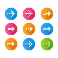 Arrows flat design long shadow glyph icons set. Wavy, pixel, folding, dashed next arrows. Navigation pointer, indicator sign. Arrowheads pointing to right direction. Vector silhouette illustration