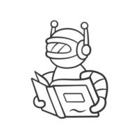 Text reading bot linear icon. Screen reader application. Virtual assistant. Robot with book. Software app. Thin line illustration. Contour symbol. Vector isolated outline drawing. Editable stroke