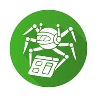 Icono de glifo de sombra larga de diseño plano de rastreador. robot araña. optimización de motores de búsqueda. seguimiento de contenidos. inteligencia artificial. indexación web. programas de robots ilustración de silueta vectorial vector