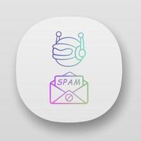 Spambot app icon. Virus advertisements, links. Spam bot. Malicious phishing sites. Spam advertising software sending. UI UX user interface. Web or mobile applications. Vector isolated illustrations