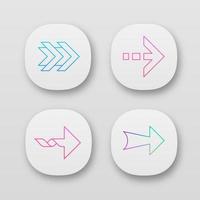 Arrows app icons set. Double, dotted, twisted, wide next arrows. Arrowhead showing right direction. Pointing symbol. Indicator. Web or mobile applications. Vector isolated illustrations