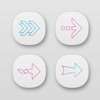 Arrows app icons set. Double, dotted, twisted, wide next arrows. Arrowhead showing right direction. Pointing symbol. Indicator. Web or mobile applications. Vector isolated illustrations