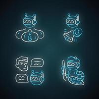 Internet robots neon light icons set. Chatbot, informational, proactive, art bots. Sending messages. Technology, cybernetics. Artificial intelligence, AI. Glowing signs. Vector isolated illustrations