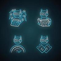 conjunto de iconos de luz de neón de bots de Internet. rastreador, lector de texto, optimizador, robot revendedor. inteligencia artificial. ai. aplicación de software asistente virtual. signos brillantes. Ilustraciones de vectores aislados