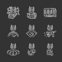 Web robots chalk icons set. Crawler, text-reading, propaganda, backlink checker bot. Proactive, optimizer robot. Artificial intelligence. Software app. Isolated vector chalkboard illustrations