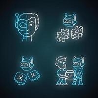 Software bot neon light icons set. Socialbot, transactional, impersonator robots. Software program. Artificial intelligence. Cyborgs, futuristic AI. Glowing signs. Vector isolated illustrations