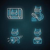 Web robots neon light icons set. Game, propaganda, monitoring, spam bot. Artificial intelligence, AI. Virtual reality. Spam attack. Marketing campaign. Glowing signs. Vector isolated illustrations