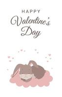 feliz tarjeta de felicitación del día de san valentín con lindo conejito durmiente, nube, corazones y texto. ilustración de dibujos animados de vector de estilo plano