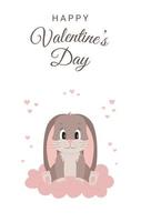 Happy Valentine's day greeting card with cute rabbit, cloud, hearts and text. Vector cartoon illustration in flat style.