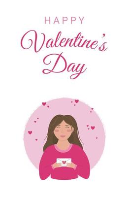 Valentine's day greeting card. A young woman is carrying a love letter. Concept vector illustration in flat style.