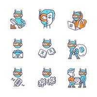 Conjunto de iconos de colores de bots de Internet. hacker, voz, spam, suplantador, monitoreo, trabajo, robots raspadores. Programa de software. inteligencia artificial. cyborgs, bots maliciosos. ilustraciones de vectores aislados