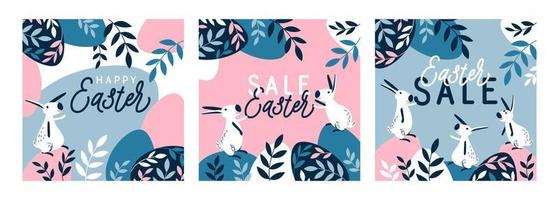 Easter set of greeting cards, banners with eggs, and bunnies vector