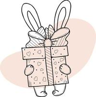 Cute bunny with huge gift in box with bow and hearts. Vector illustration. Postcard in style of hand-drawn linear doodles. Funny animal for design and decoration, greeting cards and valentines