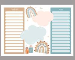 Cute planner templates for day, week, to-do list and notes. Scandinavian style organizer and schedule with cute rainbows. Vector illustration. Stationery for planning and organizing, kids collection