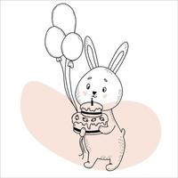 Cute rabbit with big cake and balloons. Vector illustration. Greeting card I love you in hand drawn linear doodle style. Funny animal for design and decoration, birthday card