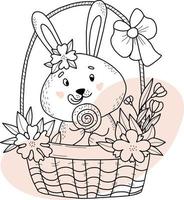 cute bunny licks its lips with large lollipop in his paw in basket with flowers. Vector illustration. Postcard in style of hand drawn linear doodles. Funny animal for design and Easter greeting cards