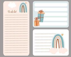 Cute planner templates for day, week, to-do list and notes. Scandinavian style organizer and schedule with cute rainbows. Vector illustration. Stationery for planning and organizing, kids collection