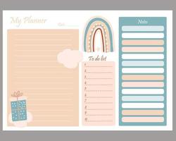 Cute planner templates for day, week, to-do list and notes. Scandinavian style organizer and schedule with cute rainbows. Vector illustration. Stationery for planning and organizing, kids collection