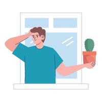 hombre con cactus en ventana vector
