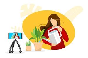 Video blogger woman making houseplant care content. Female housewife watering plant in pot web streaming. Grow indoor plants live stream tutorial. Influencer broadcast vlogger channel eps illustration vector