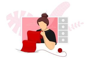 Knitting with needles tutorial live stream blog channel. Blogger woman knitted wool on online video player interface. Female knit up hobby and leisure time web streaming. Influencer vlogger vector eps