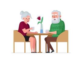 Elderly couple retired grandparents sitting in cafe and celebrating anniversary. Old people dating in coffee shop. Senior persons relax in restaurant. Grandmother and grandfather retired relationships vector