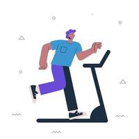 Hipster guy running on treadmill. Young man gym exercise. Male person cardio run. Healthy active lifestyle and sport creative concept. Vector eps illustration