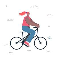 Hipster girl riding bike. Young woman cyclist exercise. Healthy active lifestyle and sport creative concept. Female person ride bicycle. Vector eps illustration