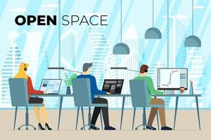 oficina de espacio abierto del centro de coworking con personas independientes. lugar de trabajo de compañero de trabajo profesional. programador, diseñador y gerente con computadoras portátiles en el espacio de trabajo. entorno de trabajo remoto compartido. pasos vectoriales vector