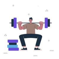 Hipster guy squat with barbell. Young man gym exercise. Male person lifting heavy bar. Healthy active lifestyle and sport creative concept. Vector eps illustration