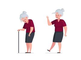 Comparación de jubilados enfermos alegres e insalubres activos de edad avanzada. concepto de vejez cansada, feliz y triste y saludable. debilidad mujer mayor con bastón y anciana bailando. Ilustración de vector de abuela