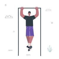 el tipo hipster se levanta en la barra horizontal. ejercicio de entrenamiento de calle de hombre joven. entrenamiento de persona masculina. Estilo de vida saludable y activo y concepto creativo deportivo. ilustración de pasos vectoriales vector