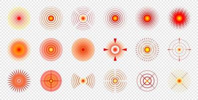 conjunto de marcas de círculo rojo de localización del dolor. lugar de dolor símbolo abstracto. punto dolorido o marcador de parte del cuerpo herido. anuncios de analgésicos y carteles de información médica elementos de diseño de eps vectoriales aislados vector