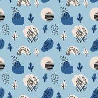 Blue Doodle Abstract seamless Pattern with cloud, rainbow, tree, rain and moon. Trendy hand drawn textures Background. Abstractive design for paper, fabric, interior decor, wrapping vector