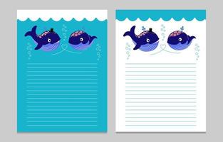 Cute two purple Whale in Love with sea waves and heart bubbles and space for text. Valentines Day template vector flat illustration for invitations page