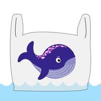 ballena morada enojada en una bolsa de plástico en el fondo del océano. concepto del día mundial de las ballenas. ayudar a proteger los animales marinos y el medio ambiente. ilustración plana vectorial