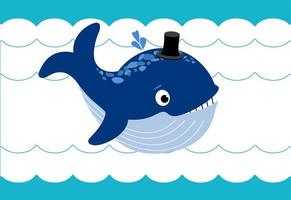 Cute character Whale blowing a fountain swimming in the sea waves. Protection of marine mammals for World Whale Day. Vector flat illustration for poster, banner, card, childrens book