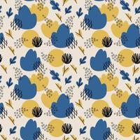 Blue and mustard color Doodle Abstract seamless Pattern with bush, leaves, flowers and circles. Trendy hand drawn textures Background. Abstractive design for paper, fabric, interior decor, wrapping vector