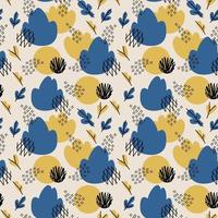 Blue and mustard color Doodle Abstract seamless Pattern with bush, leaves, flowers and circles. Trendy hand drawn textures Background. Abstractive design for paper, fabric, interior decor, wrapping vector